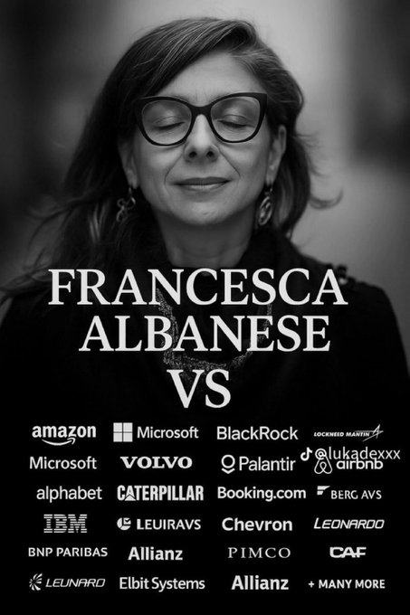 Portrait of a woman with brown hair wearing glasses and smiling slightly against a gray background. Text overlay reads FRANCESC A ALBANESE in large white letters. Below it VS in white followed by logos of companies including Amazon BlackRock Microsoft Volvo Booking.com Airbnb BNP Paribas Allianz PIMCO CAF Leonardo Chevron Leucadia Elbit Systems.