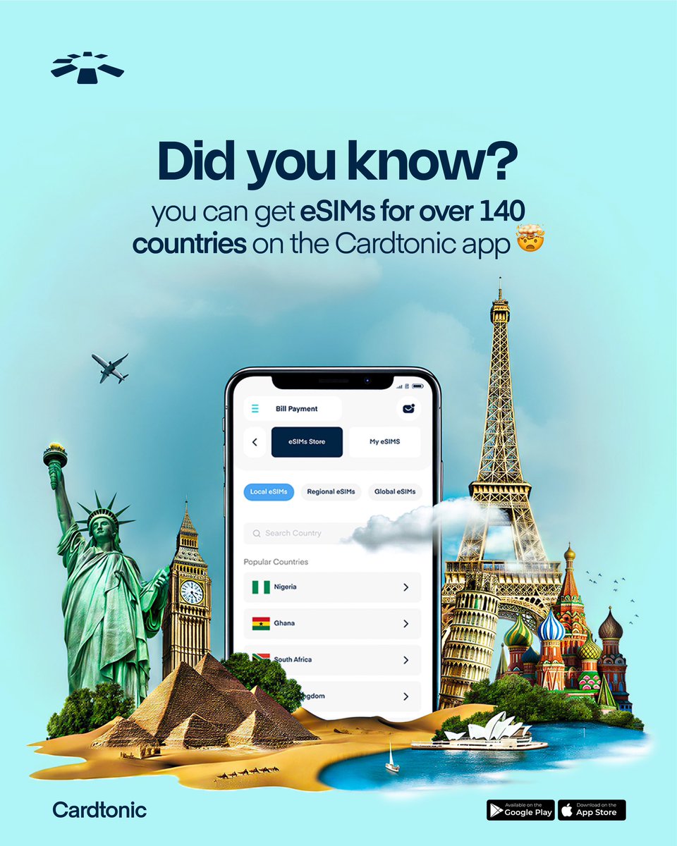 cardtonic's tweet image. Over 140 countries, one app. 📲 With Cardtonic, you can get eSIMs for your travels in seconds! 

No more hunting for local SIM cards, just easy, reliable connection wherever you land. 
_
#cardtonic #usecardtonic