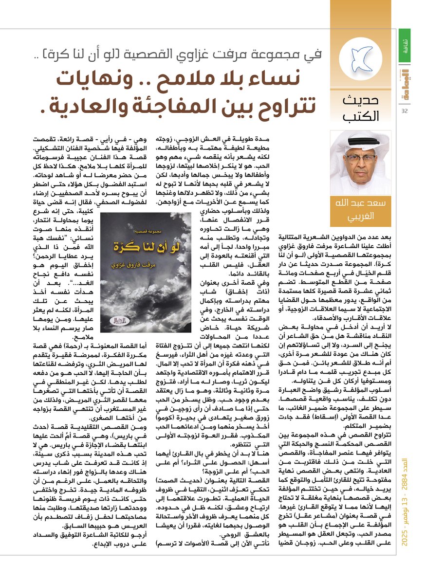 حديث الكتب - سعد الغريبي.
في مجموعة مرفت غزاوي القصصية (لو أن لنا كرة) ..
نساء بلا ملامح .. ونهايات تتراوح بين المفاجئة والعادية .

alyamamahonline.com/3963

<a href="/SAlghraiby/">سعد عبدالله الغريبي</a> 

<a href="/MervGhazzawi/">مرڤت فاروق غزاوي</a>