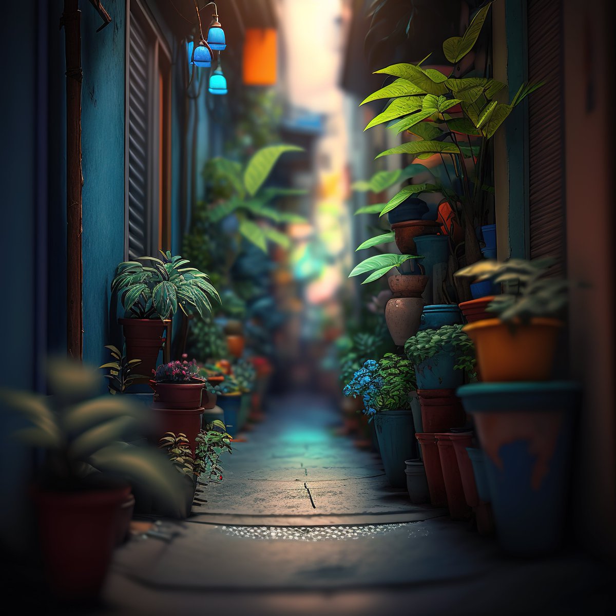 NoBanksNearby's tweet image. 4:42 PM. This narrow passage, a symphony of cool blues and vibrant greens, feels like the day&apos;s secret exhale. Those glowing lamps and soft light beckon you to slow down. Just *be* here, in the quiet beauty of this minute.

#NFTCollection #CreativeCode #1440Minutes #PresentMoment…
