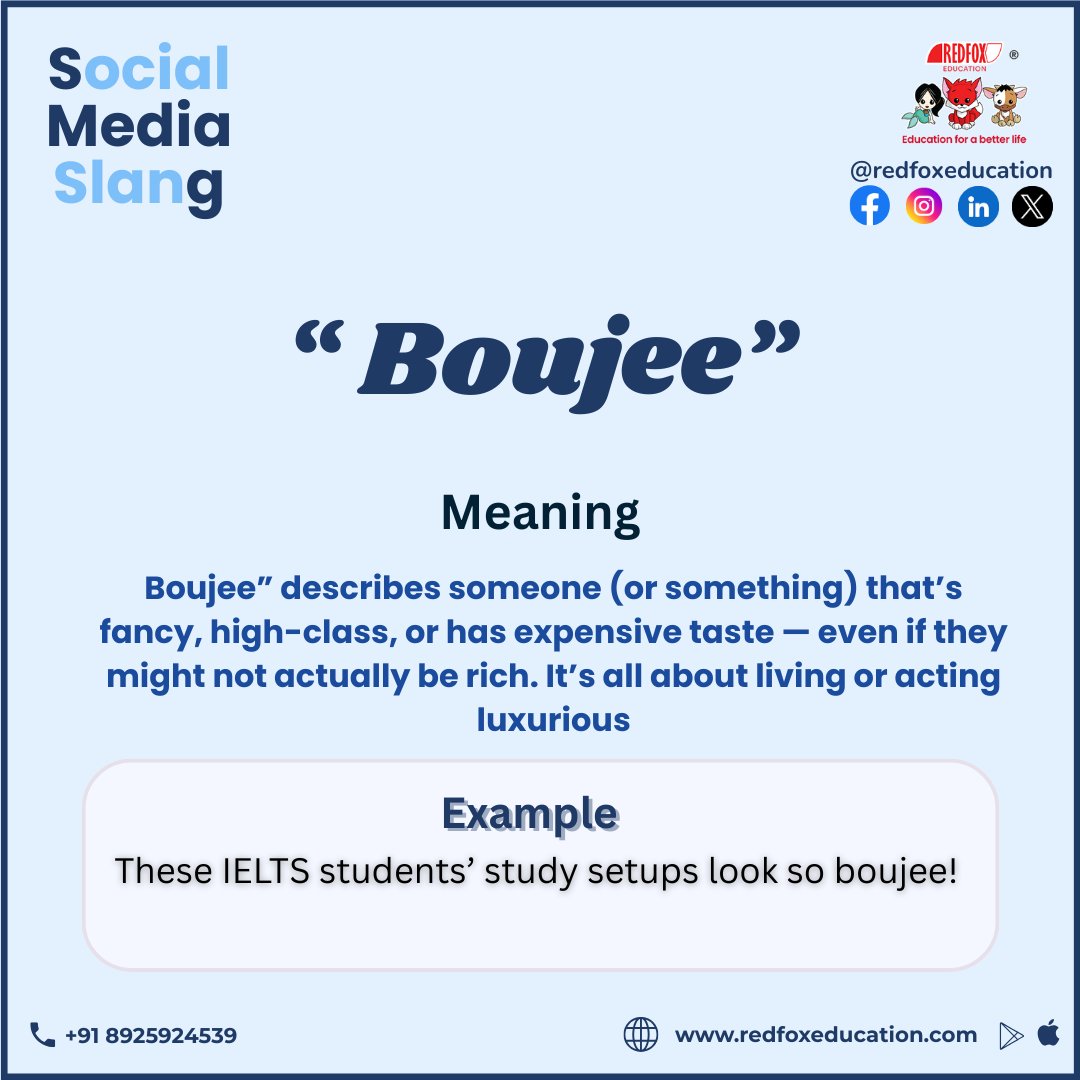 RedFox_EdTech's tweet image. ✨ Social Media Slang of the Day: “Boujee” ✨

Download Our Mobile App:
Google Play: bit.ly/31lO56z
App Store: apple.co/39UxP

#Boujee #SocialMediaSlang #LearnEnglishOnline #EnglishVocabulary #IELTSPreparation #RedFoxEducation #EnglishLearning