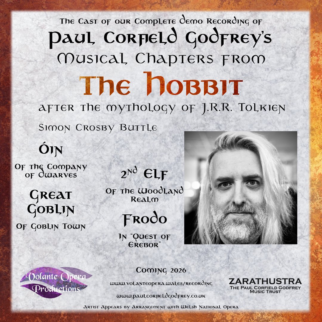 OperaVolante's tweet image. We're proud to announce our cast for our complete #demorecording of PCG’s  #thehobbit after the mythology of #Tolkien.

@SCButtle will be performing three roles and returning as Frodo in "Quest of Erebor".

Coming 2026

volanteopera.wales

#hobbit #middleearth #frodo #dwarf