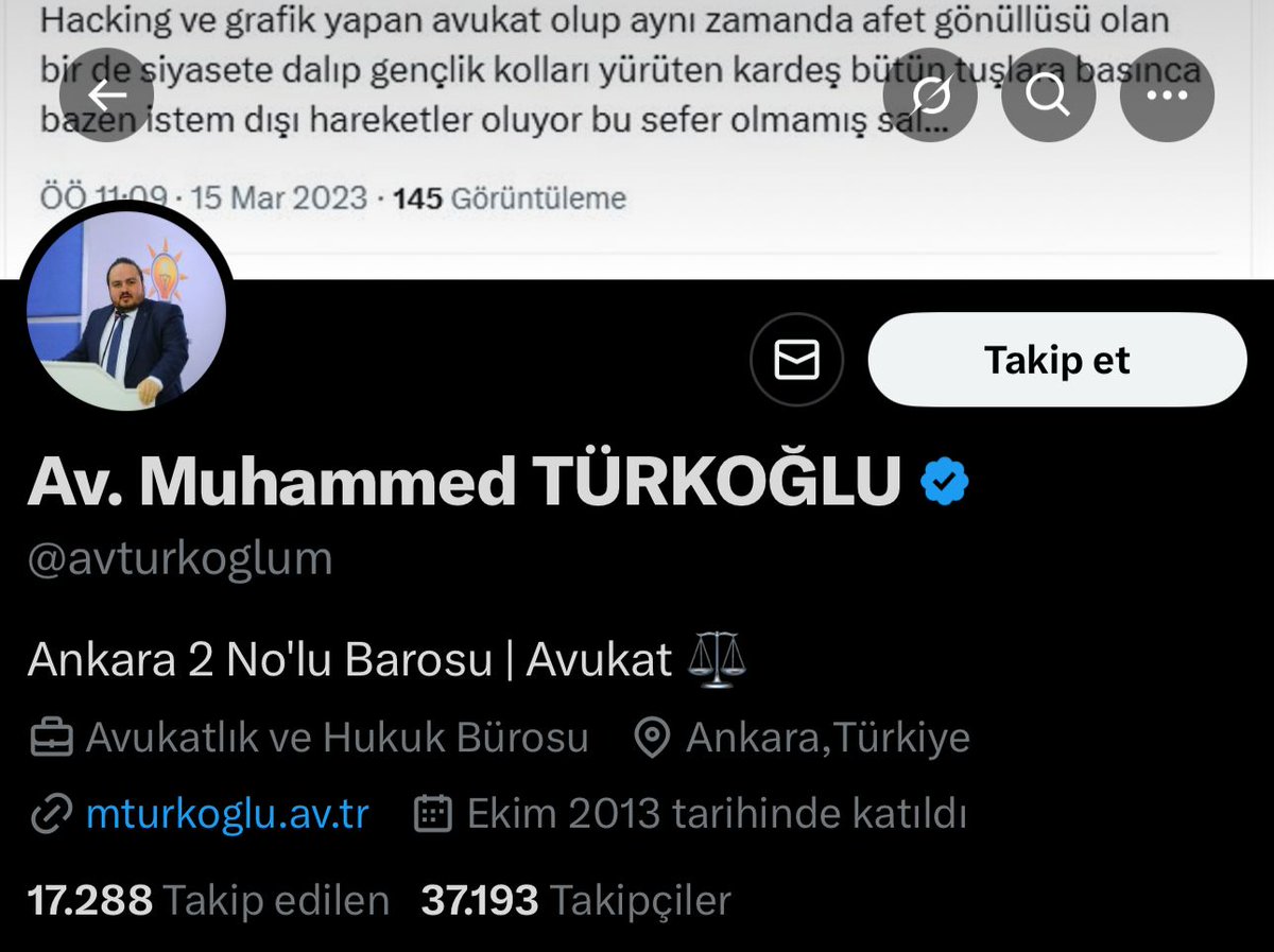 AKP Ankara Gençlik Kolları Başkan Yardımcısı Av. Muhammed Türkoğlu, bio’sundan ilgili unvanı kaldırdı.