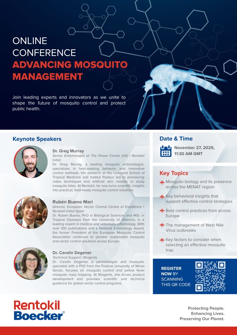 rubueno10's tweet image. 📢 #MosquitoManagement innovations &amp;amp; experiences implementing large #VectorControl programs in #municipalities to prevent #PublicHealth, will be discussed soon in this amazing online conference organized by our colleagues of @Rentokil Boecker 🦟
👉🏻 See you there! 👨🏼‍💻