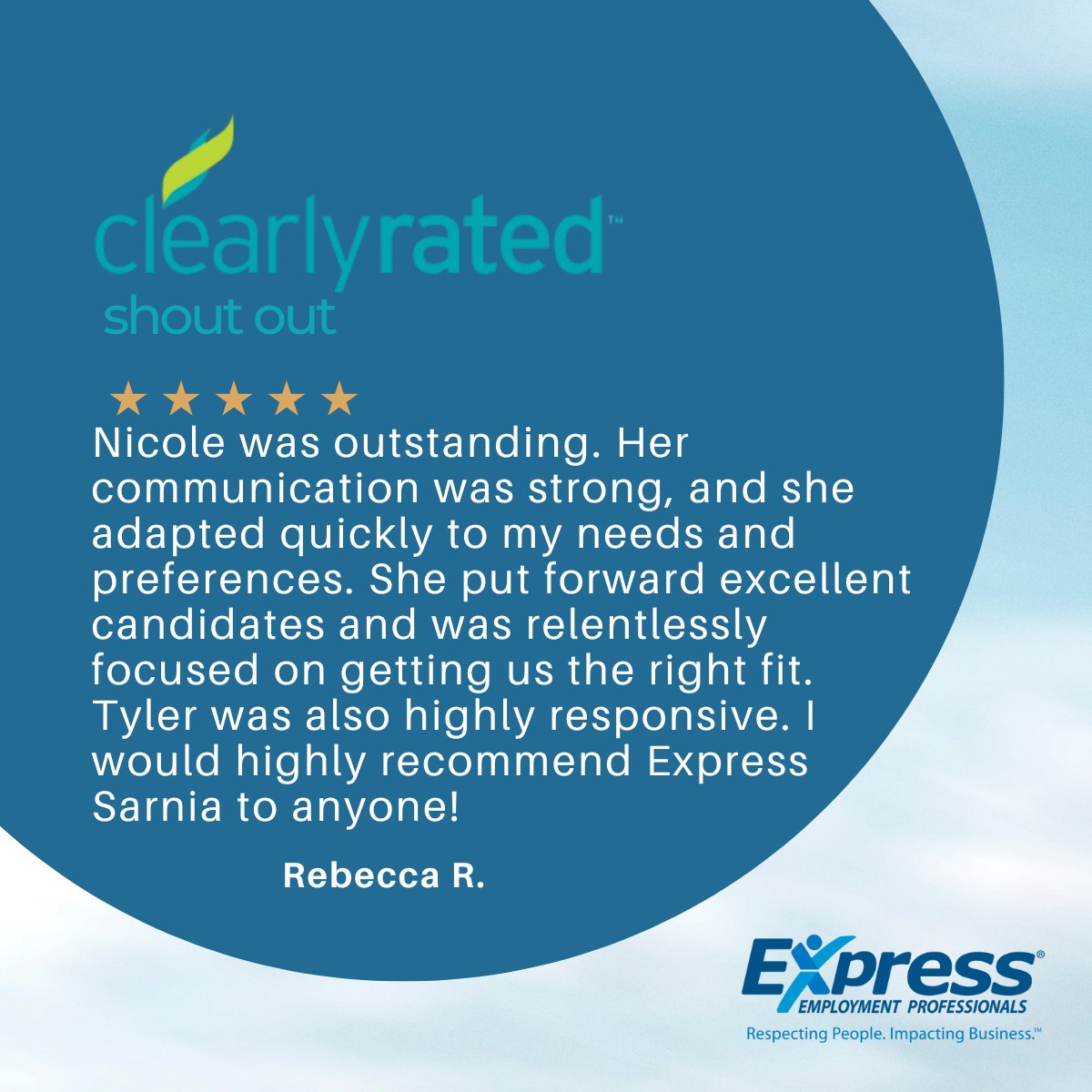 Another glowing ClearlyRated review for Team Sarnia! 🌟
Big shout-out to Nicole &amp; Tyler for their dedication, communication, and commitment to finding the right fit. 💪

#ExpressSarnia #ClearRated #ClientLove #StaffingExperts