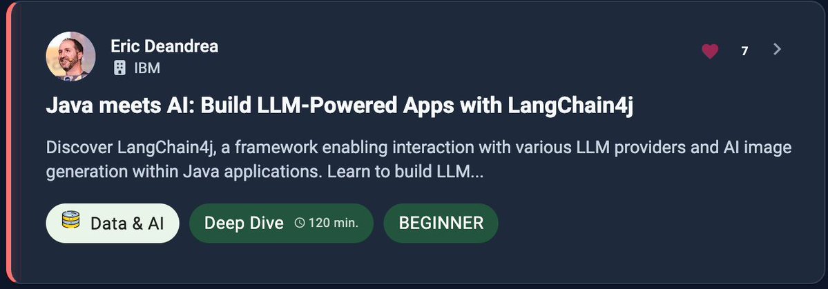 edeandrea's tweet image. Want to know all about @langchain4j and how easy it is to build AI-infused #Java applications? Learn from one of the @langchain4jcommitters at #DevoxxMA at 1630 in Imlil for a 2-hour #deepdive!

m.devoxx.com/events/dvma25/… 

@quarkusio #Java #AI