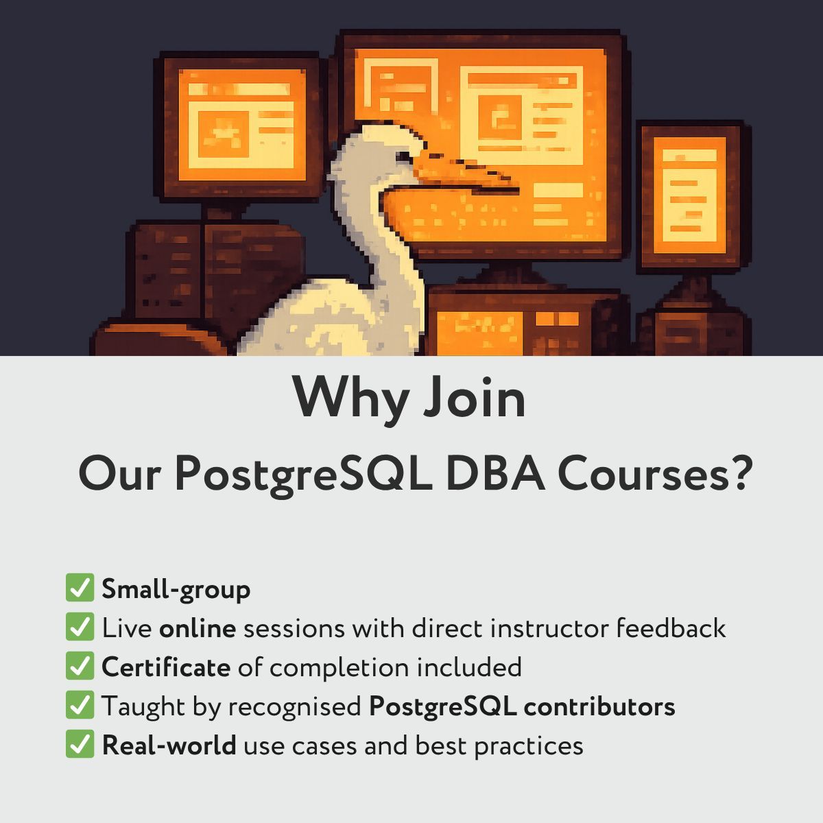 Looking to grow your database career?
Join our PostgreSQL DBA courses and gain the hands-on skills, confidence, and certification to move forward.

Learn from PostgreSQL contributors in an interactive, small-group setting.
👉 dataegret.com/courses/￼

#PostgreSQL #DBA #Database