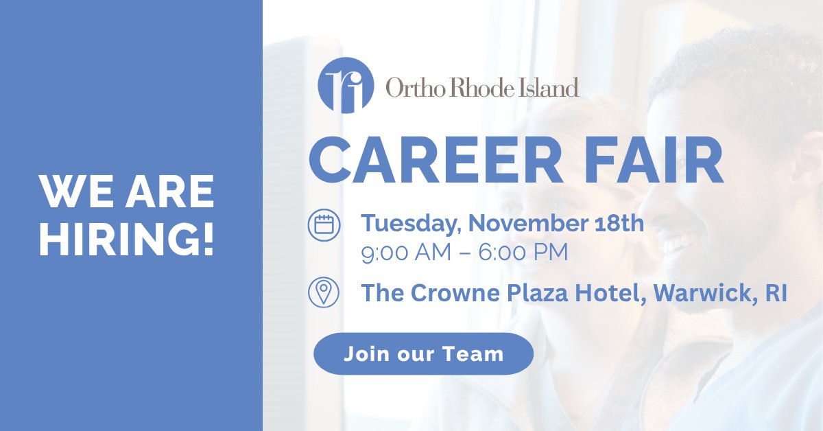 Don’t miss your chance to be eligible for a same day offer at the Ortho Rhode Island Career Fair on Tuesday, November 18th at the Crowne Plaza Hotel in Warwick, RI. Explore our open roles and schedule your interview: ow.ly/MzNw50XqBeE