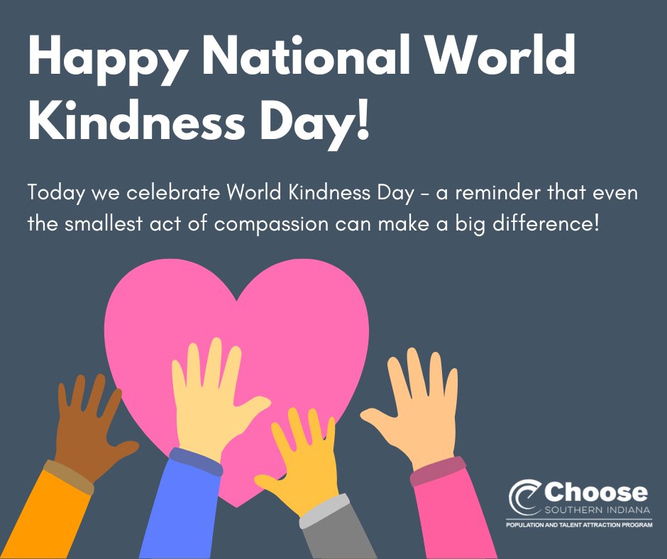 ChooseSoIN's tweet image. Happy National World Kindness Day! 
Here are a few simple ways you can share kindness today (and every day):
- Compliment someone sincerely
- Buy coffee for a friend or stranger
Kindness is contagious — let’s fill our community with it today!