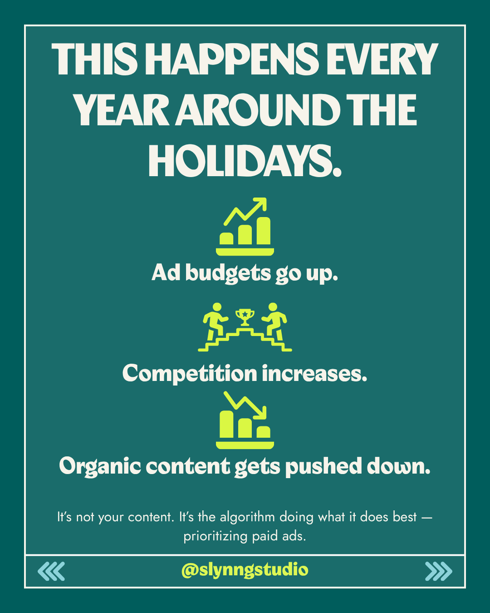 slynngstudio's tweet image. Seeing lower engagement lately? It's not you, it's the season🍂 Here's the truth about holiday performance drops and how to plan for it.

#slynngstudio #graphicdesign #branddevelopment #digitalmarketing #socialmediatips #branding #slynng #contentmarketing #businessgrowth