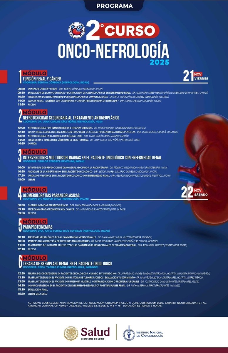 A pocos días, de la segunda edición del Curso de Onconefrología.  Sede InCan y online. 🦀🫘
Inscripción 👇
shre.ink/So1J