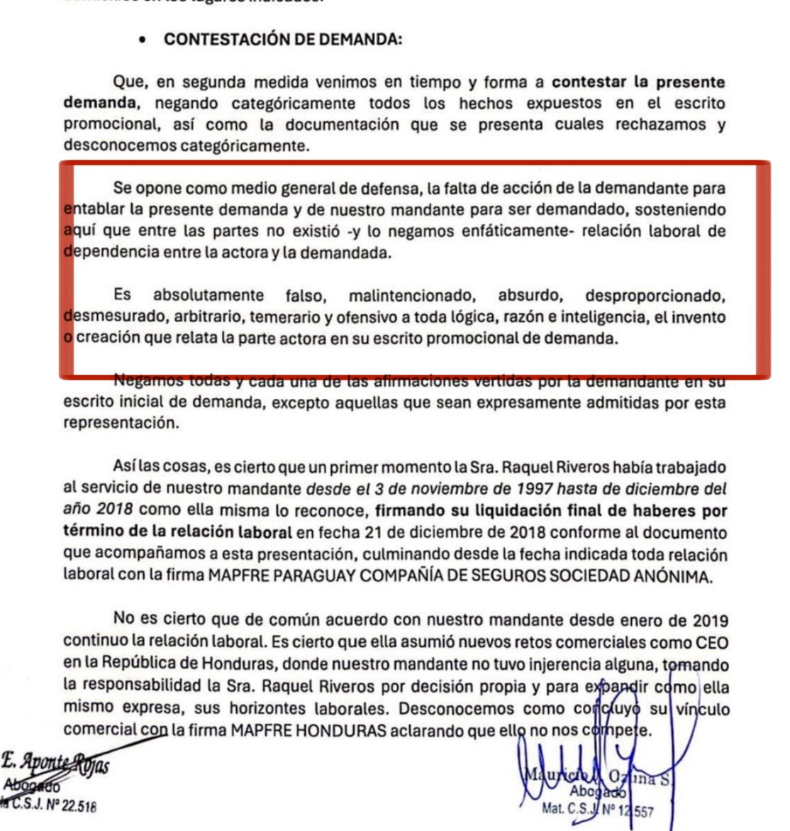 jtorresromero's tweet photo. 🚫 MAPFRE: Una multinacional que vulnera DERECHOS LABORALES consagrados por la Constitución Paraguaya. 

- La historia de Raquel Riveros, licenciada paraguaya que dedicó 27 años de servicio a la multinacional de seguros MAPFRE, se ha convertido en un símbolo de la lucha por la dignidad y la justicia laboral. En 2019, Riveros marcó un hito al ser la primera mujer paraguaya en ocupar el cargo de CEO de MAPFRE Honduras, demostrando la capacidad profesional y liderazgo femenino en una corporación de presencia global. 

- Sin embargo, en junio de 2024, fue abruptamente desvinculada sin causa justificada, sin indemnización ni comunicación escrita, bajo el argumento verbal de una supuesta “pérdida de confianza”.

➡️ Violación de derechos fundamentales

- El caso de la Lic. Riveros plantea un grave conflicto jurídico y ético. La Constitución Nacional del Paraguay establece en su Artículo 86 el derecho al trabajo lícito, libremente escogido, en condiciones dignas y justas, y dispone que los derechos laborales son irrenunciables. Asimismo, el Artículo 48 garantiza la igualdad de derechos entre hombres y mujeres, prohibiendo cualquier forma de discriminación o trato desigual.

- El despido sin causa, sin pago de indemnización y con desconocimiento de la relación laboral, vulnera además los principios de protección a la mujer trabajadora, consagrados en los Artículos  88 y 89de la Carta Magna, que mandan la tutela efectiva estatal frente a la dignidad y la no discriminación por razones de género.

- La conducta de MAPFRE, al negar la existencia de una relación laboral pese a contratos, registros y reconocimientos públicos, constituye una afrenta directa al principio de veracidad y protección de la trabajadora, piedra angular del derecho laboral paraguayo.
@MAPFRE_ES @MTESS_PY 

(Sigue) 👉