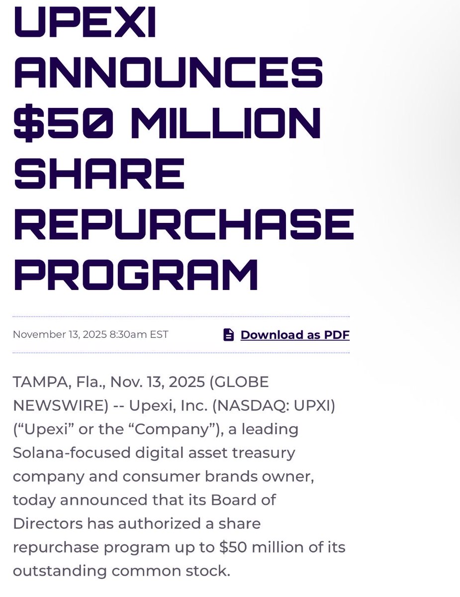 JUST IN: @Solana treasury company @UpexiTreasury (Nasdaq: UPXI), holding  over 2M $SOL valued above $323M, has announced a $50M share repurchase  program to buy back its common stock.