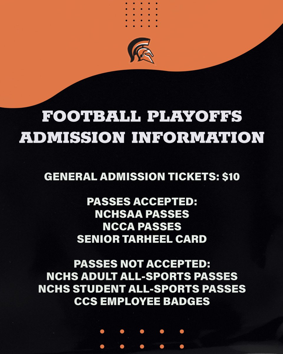 Per the NCHSAA, there are several changes involving admission to state playoff games. Changes involve admission price and accepted passes for tomorrow nights football game against Oak Grove‼️🏈