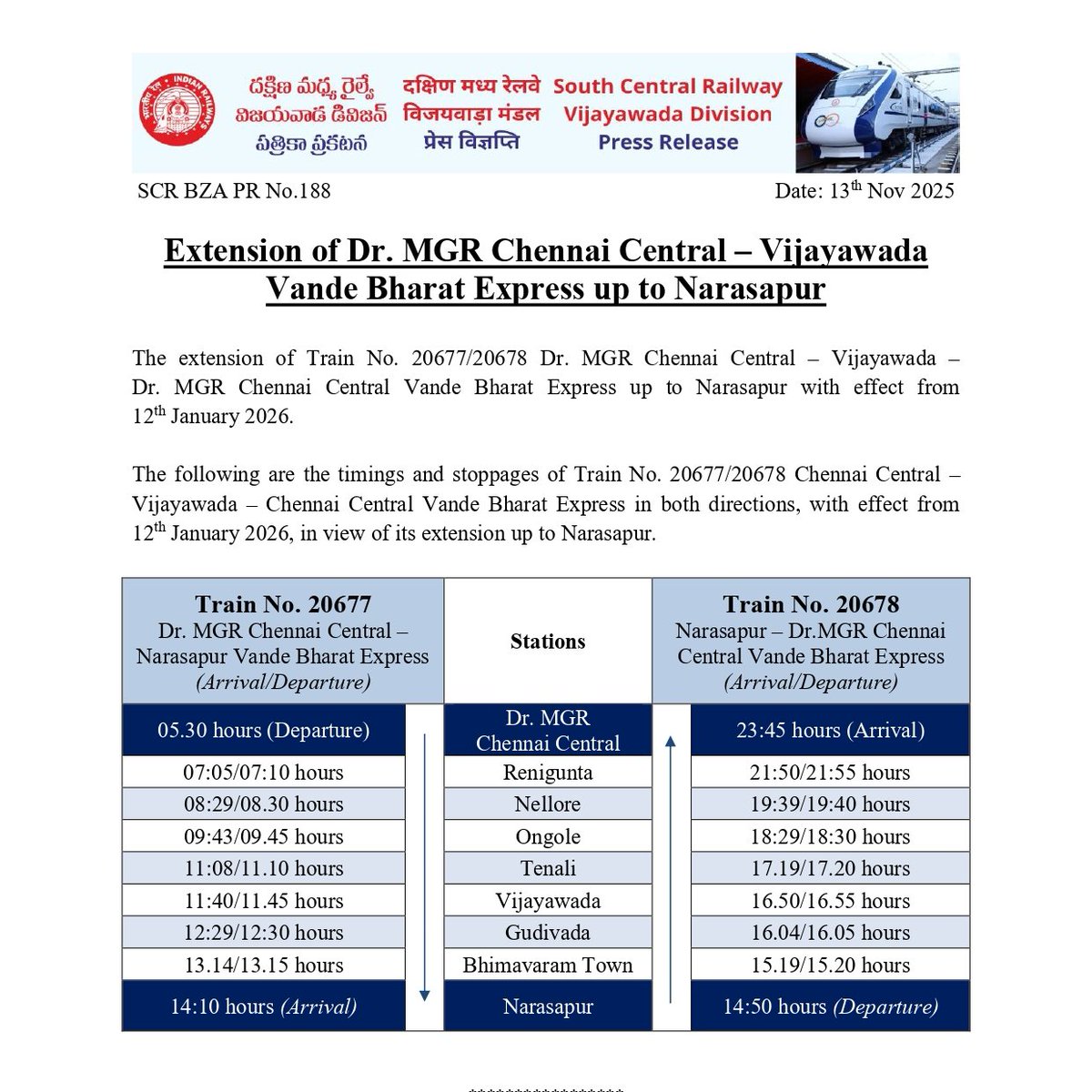 🚄 Vande Bharat Now Reaches Narasapur! ✨

South Central Railway is pleased to announce the extension of Dr. MGR Chennai Central – Vijayawada Vande Bharat Express up to Narasapur with effect from 12th January 2026.

The high-speed, modern, and comfortable Vande Bharat Express