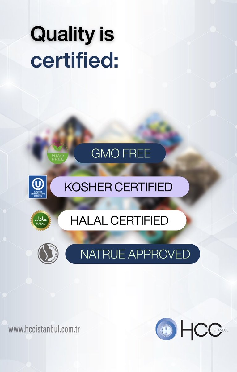 hccistanbul's tweet photo. ✅ When it comes to ingredients for cosmetics, food or pharmaceuticals, quality is not an opinion. It is a guarantee.

That's why our solutions are: 
GMO Free
Kosher Certified
Halal Certified
Natrue Approved

#legendglycerine #pharmagrade #foodgrade #organic #natural #gliserin https://t.co/OPdQp74wS9