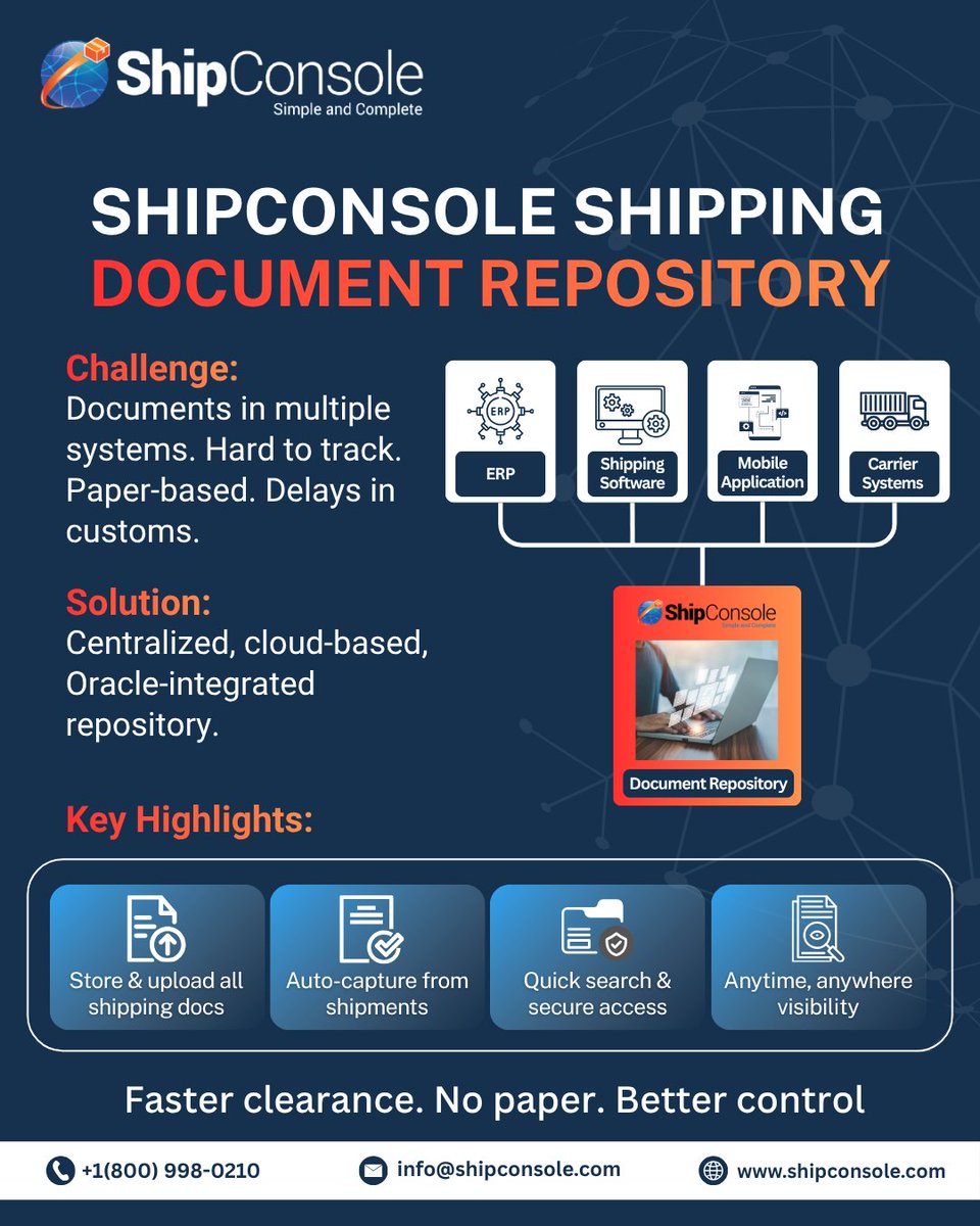 shipconsole's tweet image. 📦 Tired of chasing shipping docs across ERP, portals &amp;amp; emails?

✅ Auto-capture from shipments
✅ Instant access via Oracle ERP
✅ Faster clearance, zero paper
🔗 tinyurl.com/y5kmk49d

#OracleERP #LogisticsAutomation #ShipConsole #DigitalTransformation #SupplyChain