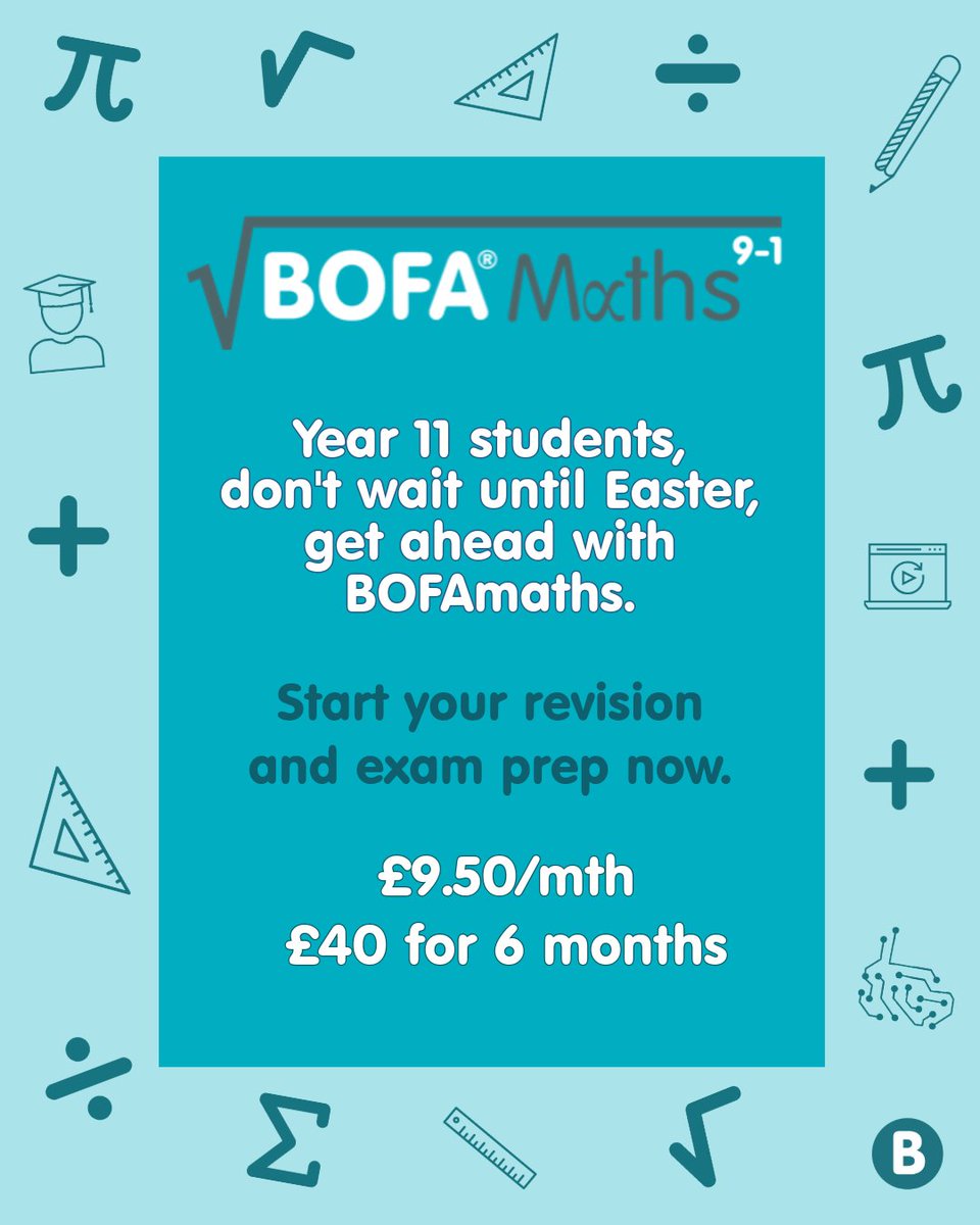 PlanetBOFA's tweet image. In Year 11 and sitting GCSEs soon? Get ahead of the rest and start your exam prep and revision now with a 6-month BOFAmaths subscription.
BOFAmaths can help you achieve your predicted grade or a grade higher than predicted.
#GCSEMathsRevision #GCSEMaths #MathsRevision