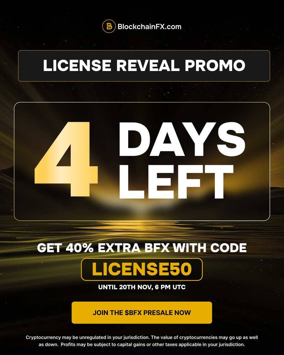 BlockchainFXcom's tweet image. ⏳4 days to go!

Use the code License50 to get 50% extra BFX tokens
before it disappears!

Offer expires at 6 pm UTC on November 20.

Join the $BFX presale now 👉 BlockchainFX.com

#BFX #BlockchainFX #Promo #Presale #Crypto #Web3