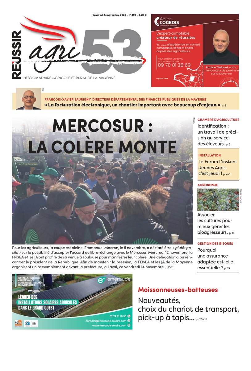 Demain dans <a href="/Agri_53/">Agri53</a>, les agriculteurs excédés par les propos d'Emmanuel #Macron sur le #Mercosur : action demain à #Laval avec <a href="/fdsea53/">FDSEA53</a> et <a href="/JEUNESAGRI53/">JAMAYENNE</a> ; le Forum L'Instant Jeunes Agris 53 des <a href="/JEUNESAGRI53/">JAMAYENNE</a>, jeudi prochain ; dossier moissonneuses-batteuses...