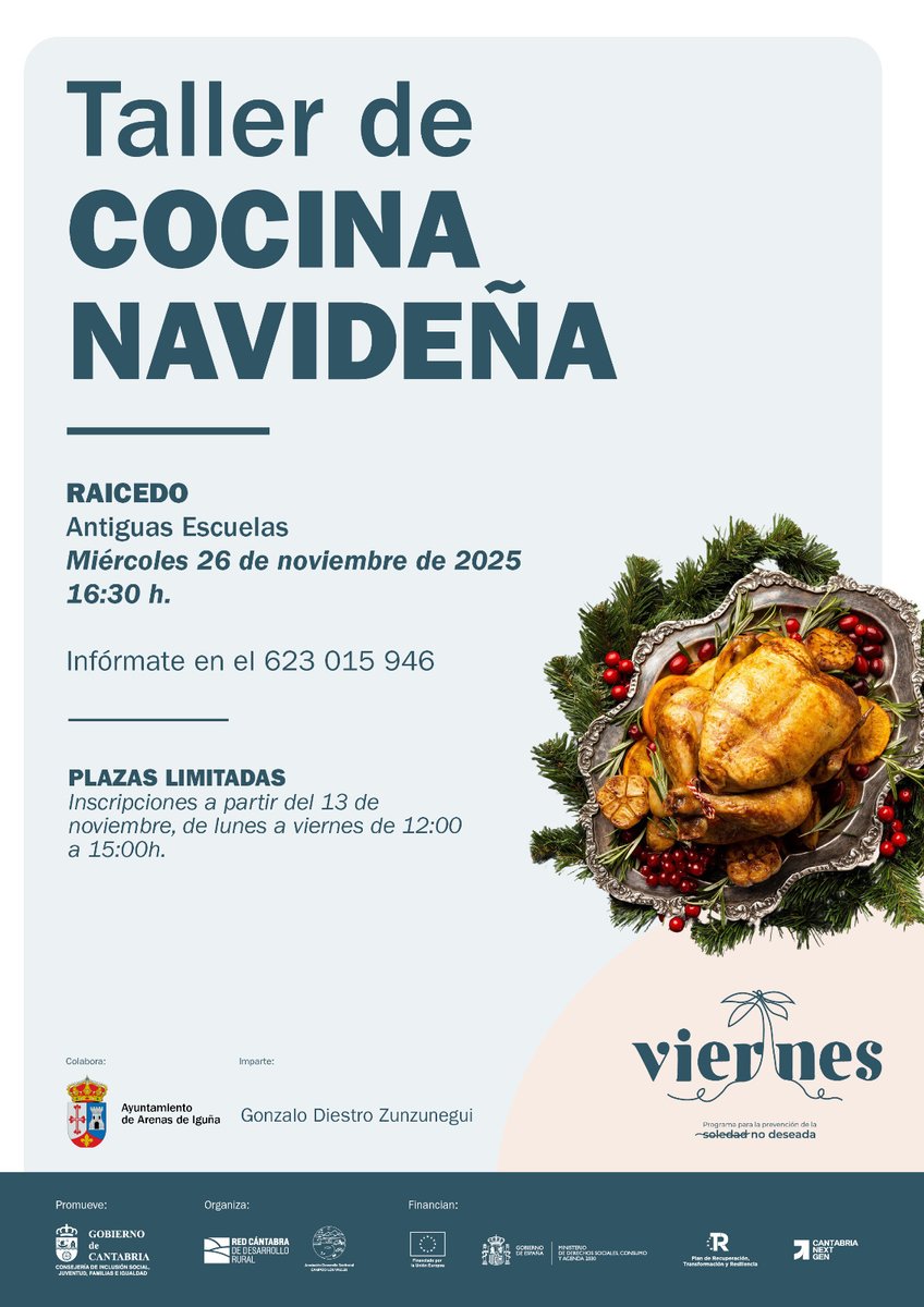 ProgramaViernes's tweet image. Ya podéis inscribiros en el taller de cocina navideña de #Raicedo en el número de teléfono 623 015 946. Disfrutaremos de una agradable jornada el próximo 26 de noviembre. ¡Os esperamos! #ProgramaViernes #CampooLosValles