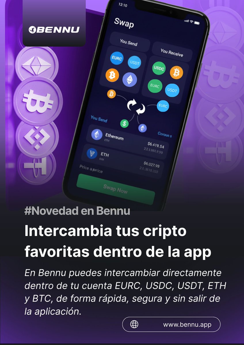 BennuApp's tweet image. 🚀 ¡Novedad en Bennu!
Ya puedes intercambiar EURC, USDC, USDT, ETH y BTC directamente en la app.
Pronto: más cripto + opciones de yield.
Autocustodia total. Libertad real.

🔗 bennu.app
📲 @bennuapp
#Bennu #CryptoBank #Cripto #FinanzasDigitales