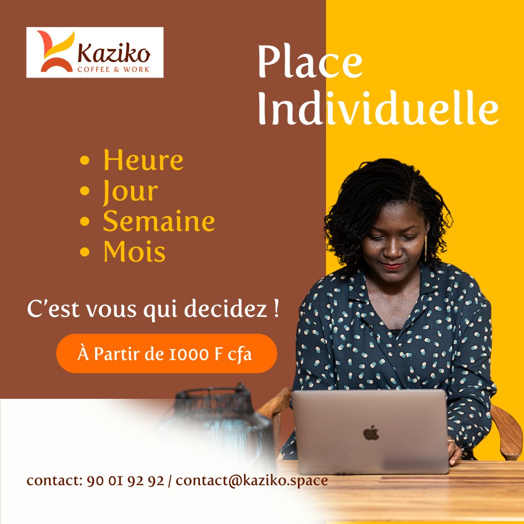 Travaillez à votre rythme dans un espace qui s’adapte à vos besoins.
Chez Kaziko Coffee &amp; Work, c'est vous qui choisissez.
Concentration, confort et productivité au rendez-vous !
À partir de 1000 F CFA seulement.
#KazikoSpace #CoworkingBamako #TravailFlexible
