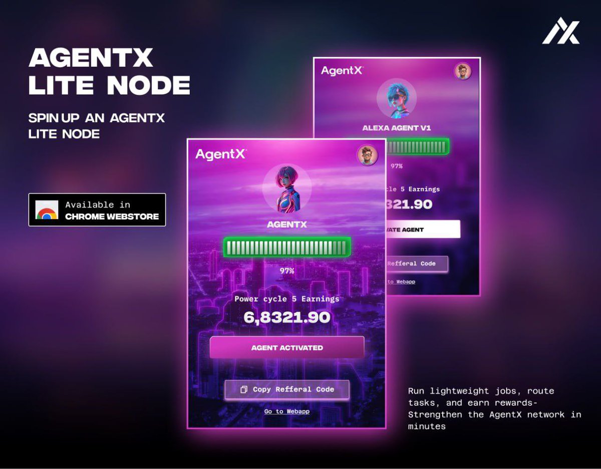 defi_avaxx's tweet image. ⛓️ @AgentxNetwork is the decentralized hub for AI agents — where anyone can create, trade, and scale autonomous intelligence on-chain.

🚀 AgentX Lite Node is LIVE
Earn xPower by powering the decentralized agent economy.

⚙️ Here’s how it works

Install &amp;amp; Activate

Download the…