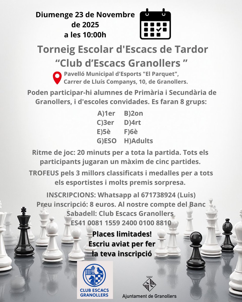 ♟️ El Club d’Escacs Granollers, colaborador de la Fira JugarxJugar con las Olimpíadas Mentales, vuelve a poner el tablero en el centro de la acción con el Torneo Escolar de Ajedrez de Otoño 2025.

👇👇