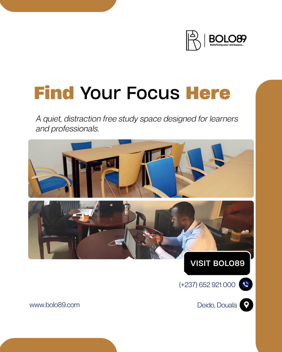 BOLO89official's tweet image. 𝐅𝐢𝐧𝐝 𝐘𝐨𝐮𝐫 𝐅𝐨𝐜𝐮𝐬 𝐇𝐞𝐫𝐞🧐
A quiet study space for learners and professionals.
Stay productive, stay focused, and achieve more at BOLO89.
📍 Deido, Douala
#BOLO89 #StudySpace #Cameroon #Coworking