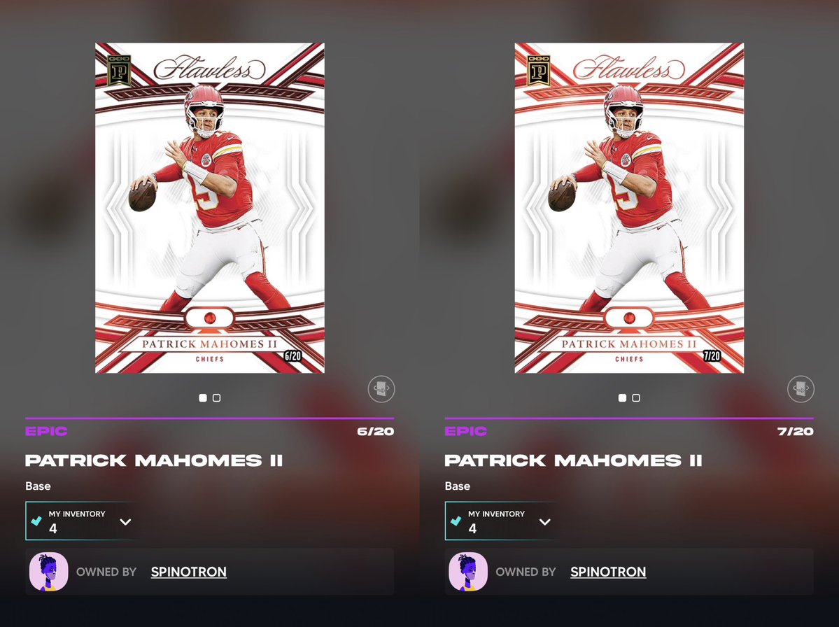 spinotronPC's tweet image. This is 13th. If my math is correct, 13 = 6+7. Let’s do some 67 pairing on #PaniniBlockchain 🧵

[1] This is @PatrickMahomes Mahomes’ only Flawless base on chain. True base (not higher parallel) and color match.

#BlockbyBlock