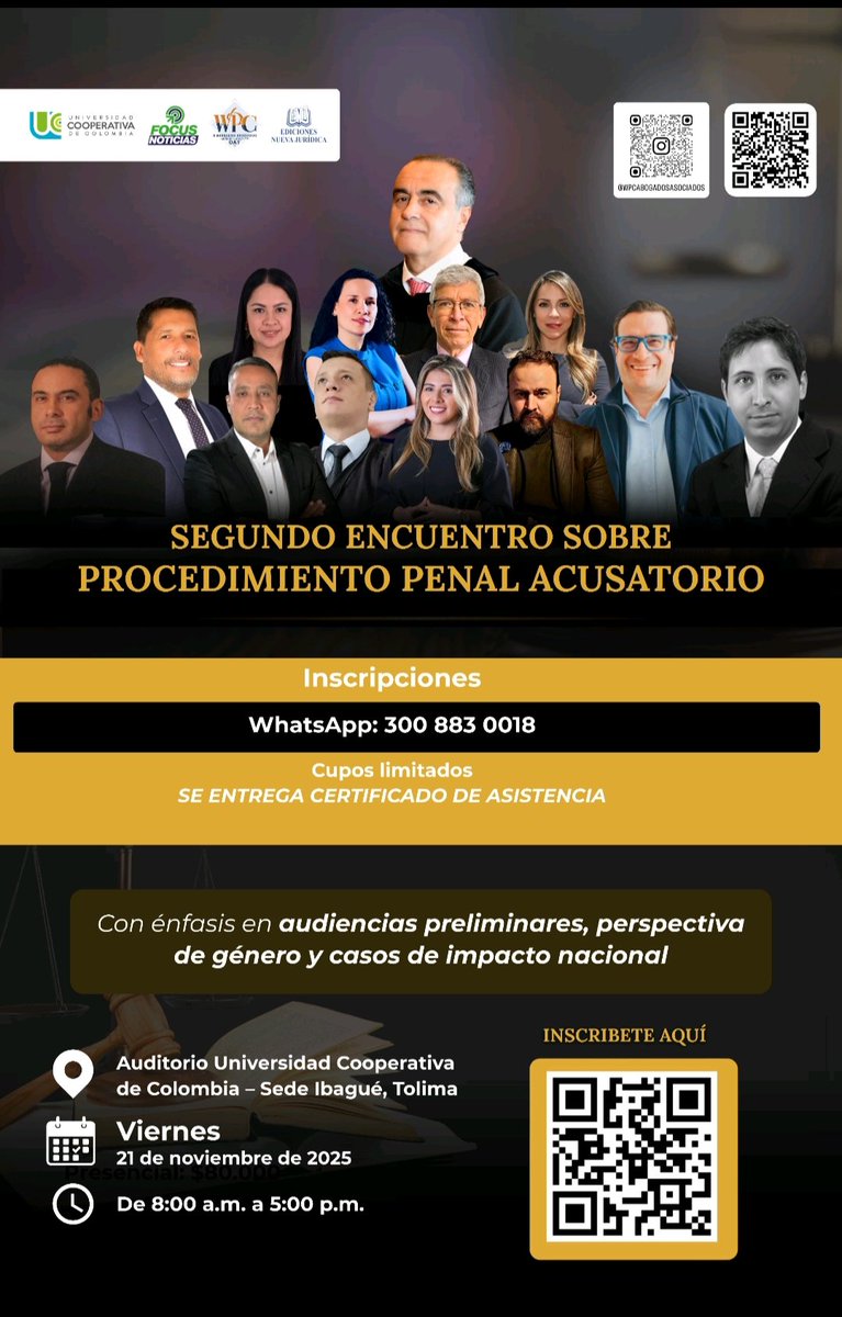 Todos cordialmente invitados, el próximo 21 de noviembre, al SEGUNDO ENCUENTRO SOBRE PROCEDIMIENTO PENAL ACUSATORIO, evento organizado por la <a href="/uccibaguespinal/">Universidad Cooperativa de Colombia Ibagué-Espinal</a>, <a href="/focusnoticia/">Focus Noticias</a>, <a href="/wpcabogados1972/">WpcAbogadosAsociados</a> y <a href="/NUEVAJURIDICA/">ED. NUEVA JURÍDICA</a>, en donde participará como invitado el doctor Juan Felipe Amaya Mejía.