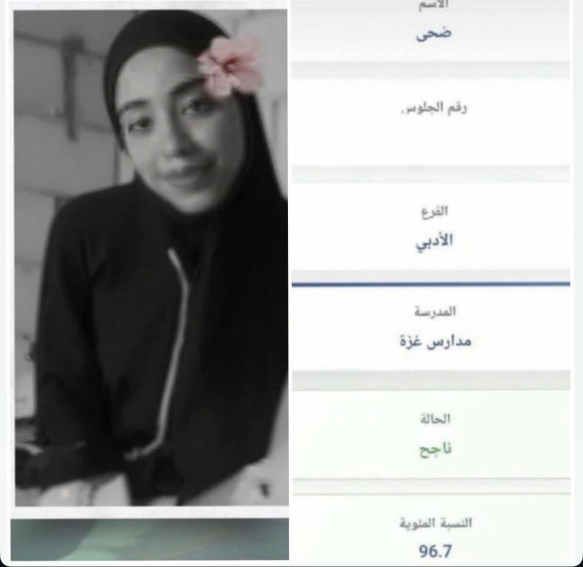 The student Dohaa Nazmi Abu Dalal from Al-Nuseirat refugee camp achieved an average of 96.7% in the high school exams, but she was martyred along with 18 members of her family in a massacre committed by the occupation after violating the ceasefire agreement in Gaza.