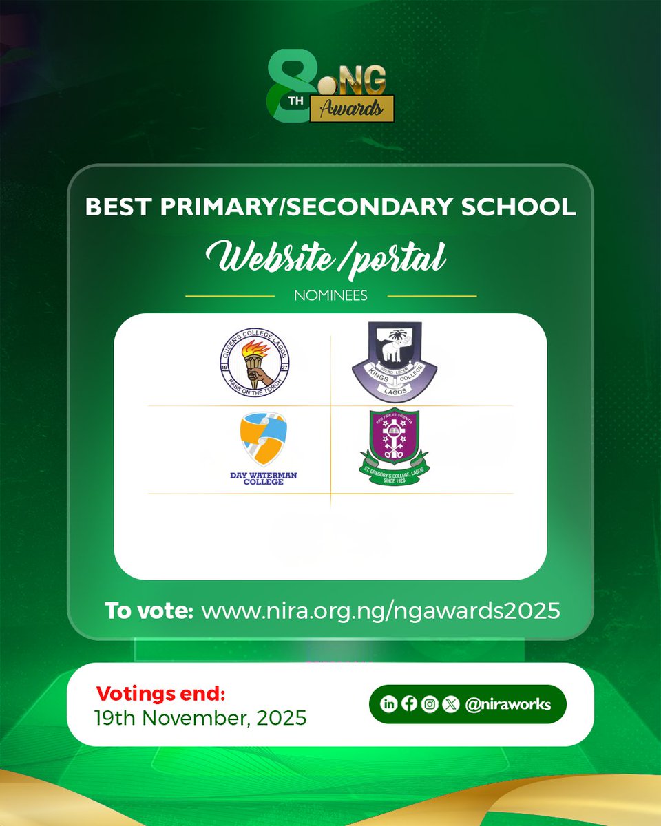 niraworks's tweet image. Meet the nominees for Best Primary/Secondary School Website/Portal. 
@QCLAGOS, @kcoba_worldwide, Day Waterman College, and @STGREGORYSCOLL1  
Vote your winner nira.org.ng/ngawards2025