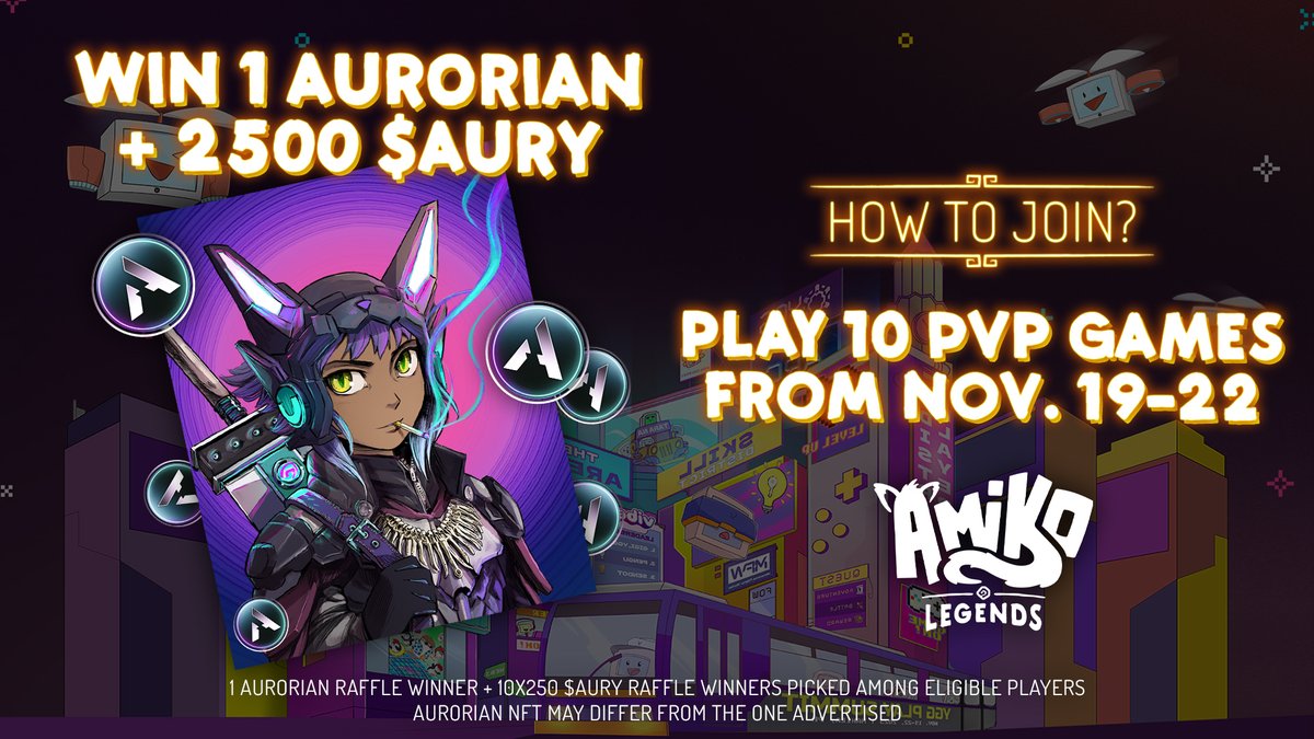 AuroryProject's tweet image. Next week, Seekers who play at least 10 PvP games during YPS will be entered into a raffle to win 1 Aurorian and 2,500 $AURY (10x250).

You do not have to be at YPS to participate. Get your Amikos ready, and play from anywhere!