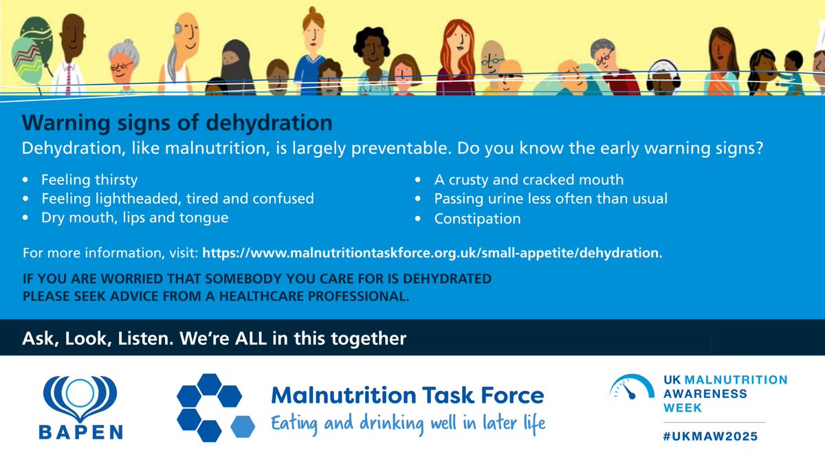 MalnutritionTF's tweet image. As we age, our sense of thirst naturally declines, which can lead to dehydration before we even realise it.

✅ Keep drinks visible, vary options, and sip often.

Small actions can prevent dehydration. bit.ly/4hQLOWx

#UKMAW2025 #ThirstyThursday