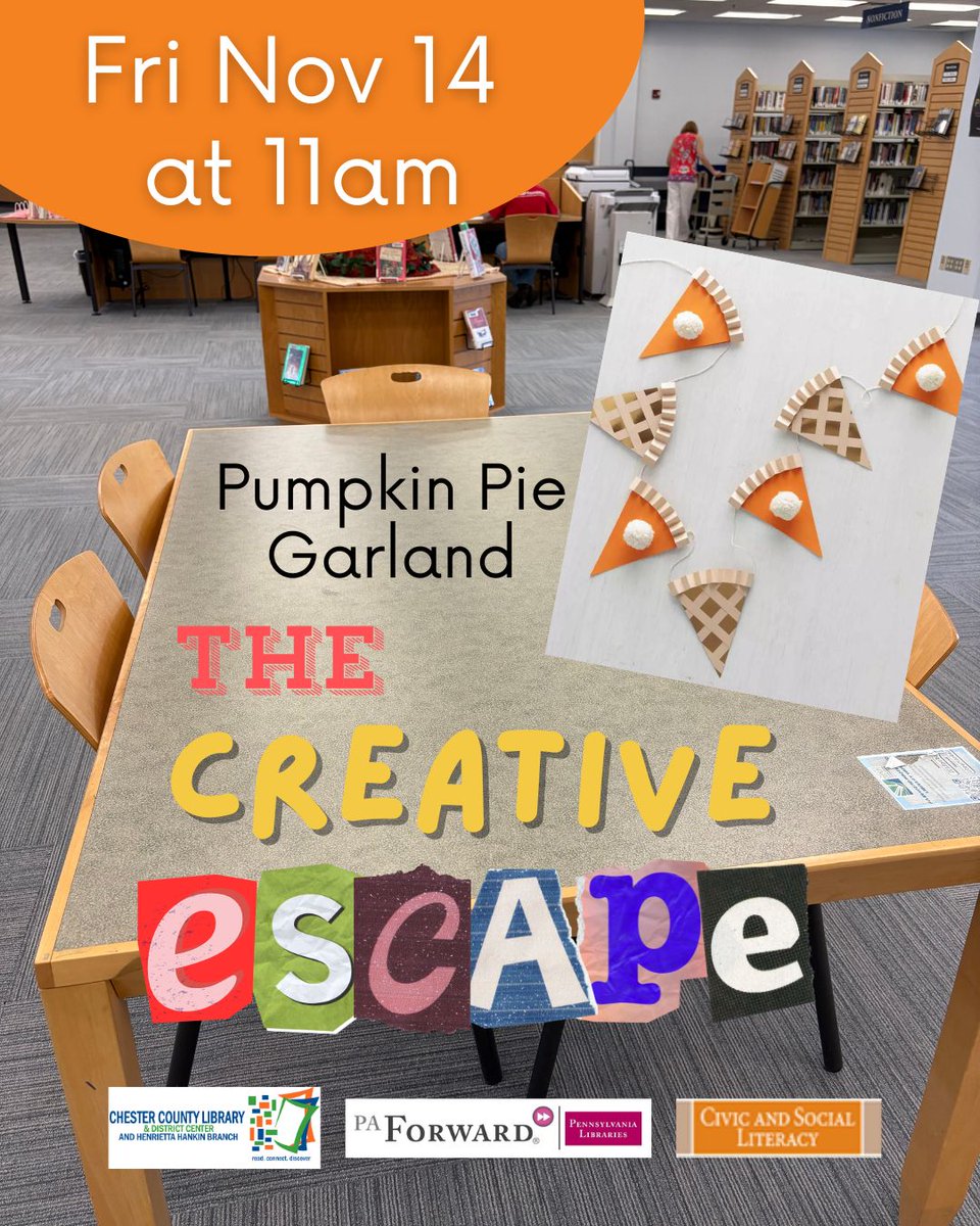 HankinLibrary's tweet image. On Friday, November 14th at 11 am, get festive and make a Pumpkin Pie Garland at The Creative Escape, a low-key crafting table for adults. Located in the Reference Department near the puzzle table. All materials supplied. Registration is not required.

#HankinLibrary #PAForward