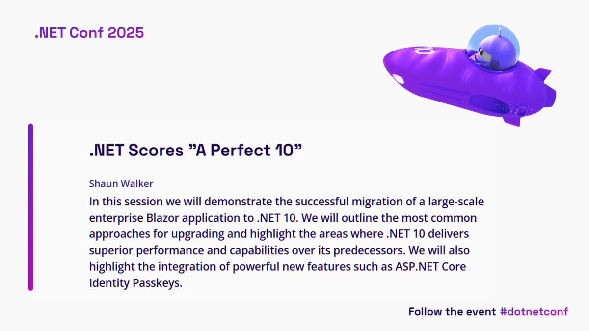 Telerik's tweet image. Thinking of moving your enterprise #Blazor app to #dotNET 10? 

Don&apos;t miss @sbwalker&apos;s session at #dotnetconf! 

He will walk through a massive, successful migration, showing you the most effective approaches &amp;amp; common pitfalls. Learn exactly where .NET 10 provides game-changing…