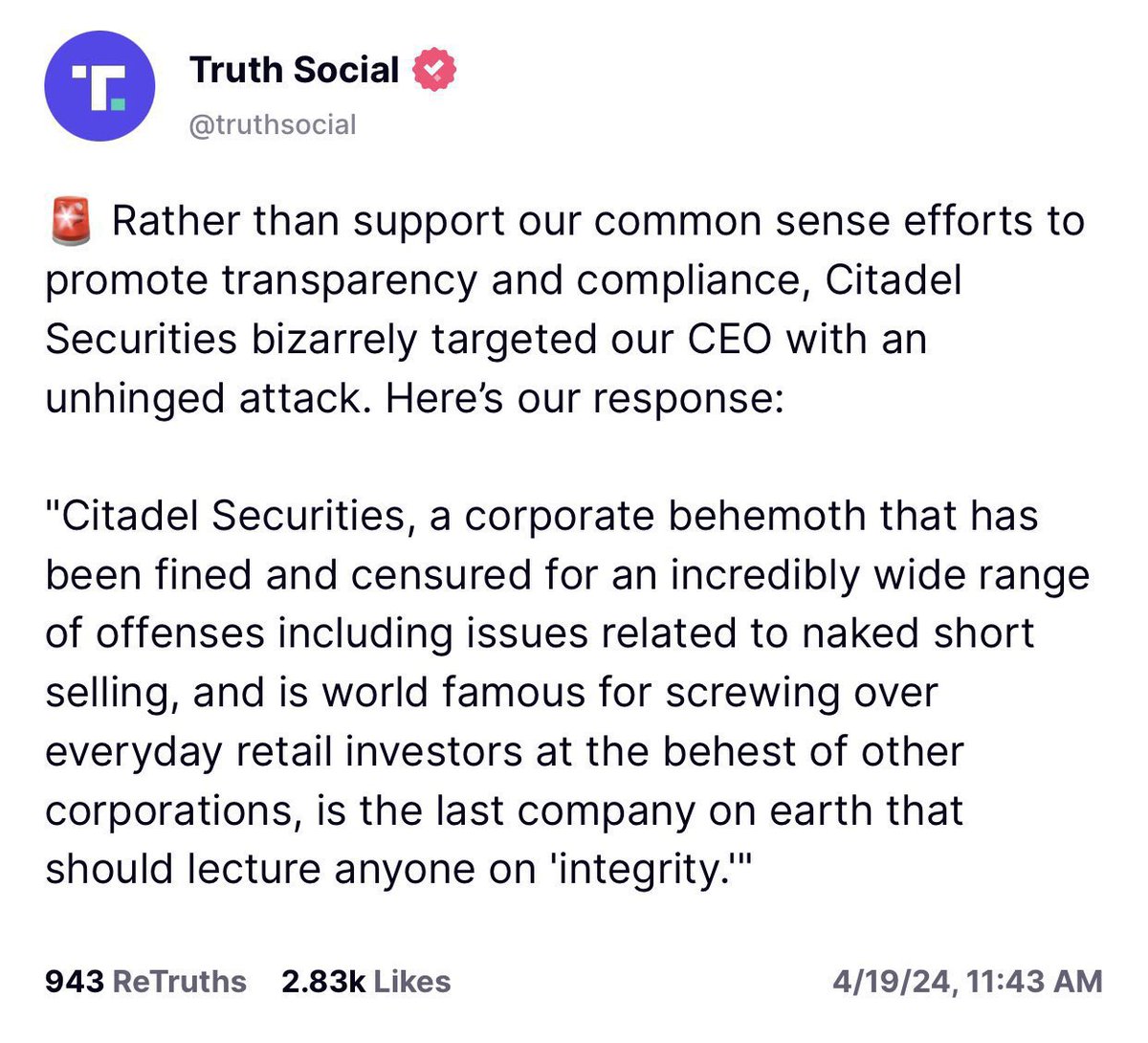 WHAT IS GOING ON🚨

Last year, Trump Media CEO Devin Nunes was attacked by Citadel and called for an investigation into Citadel for NAKED SHORTING

Now, this year, Citadel’s CEO can be seen standing behind President Trump during the reopening of the gov.

WE NEED TRANSPARENCY⬇️