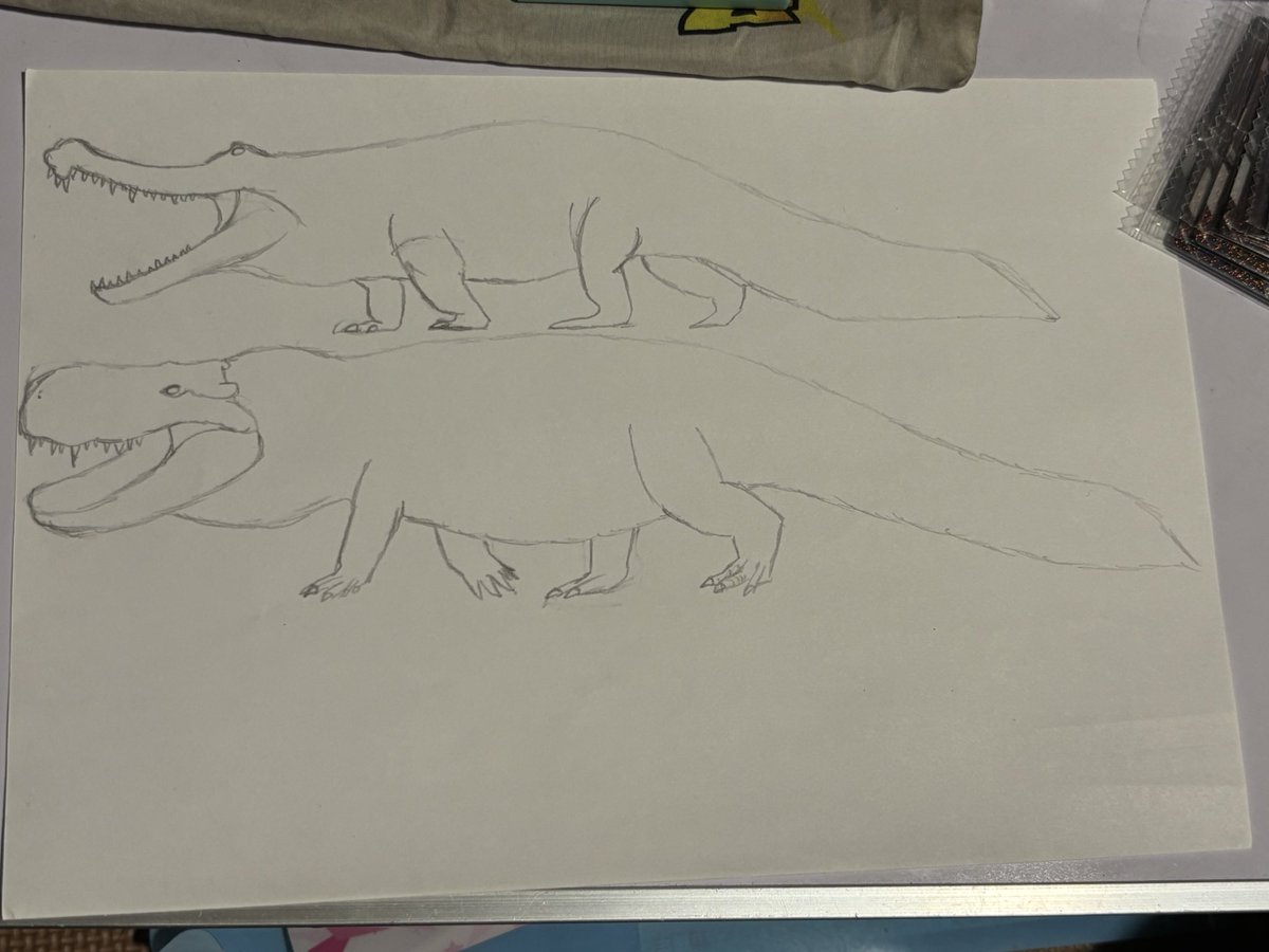 NZSjIFiJi8eDWdD's tweet photo. サルコスクスとプルスサウルス描いてる
ほぼ初めてワニ書いてるからちょっと難あり🐊
#Sarcosuchus #Purussaurus https://t.co/oiUyQMBlmx