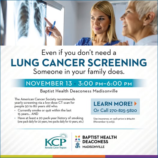 KyCancerProgram's tweet image. Lung Cancer Screening

Today, November 13 | 3-6 PM CST
Baptist Health Deaconess Madisonville

Call 270-825-5820 to learn more.