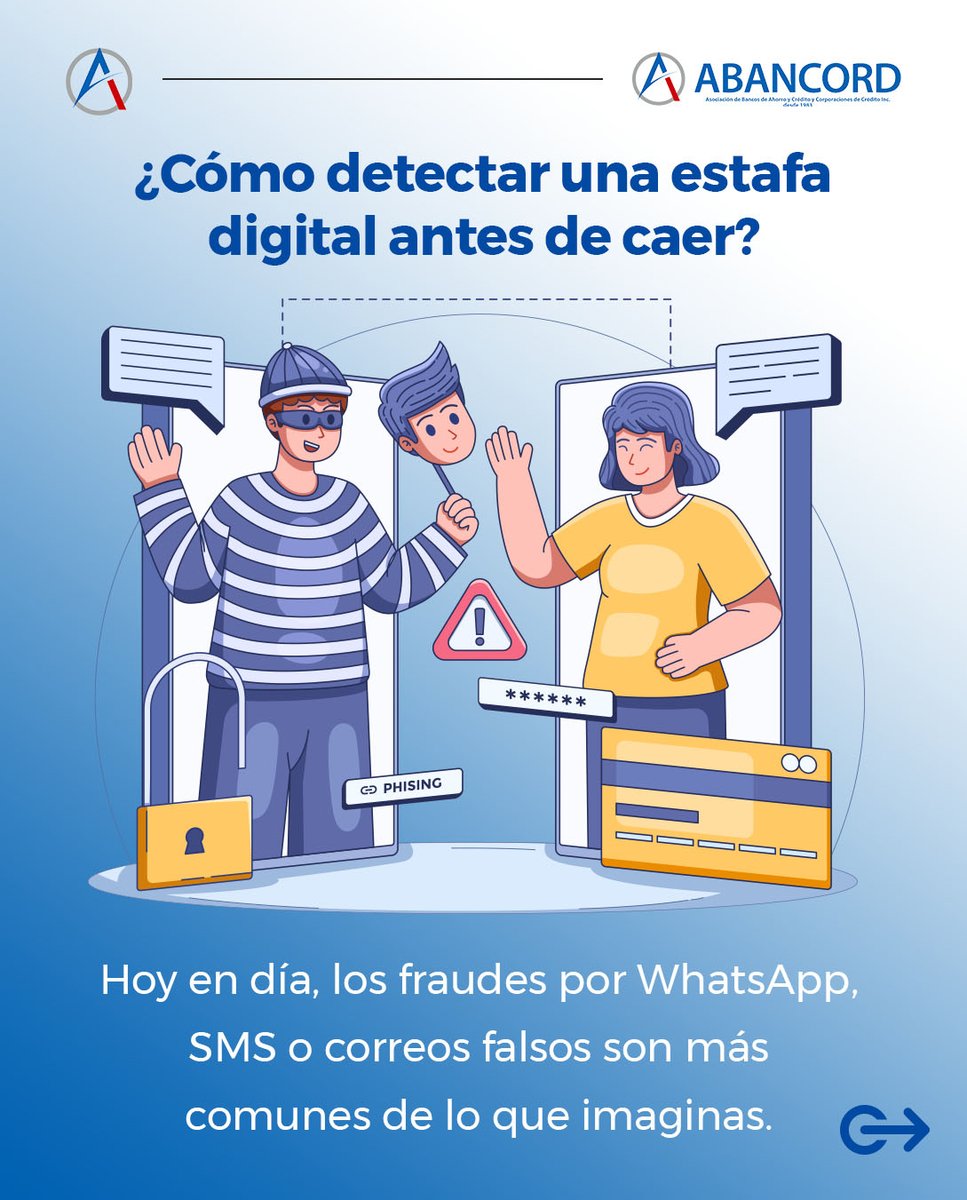 abancord's tweet photo. 💬 Protégete antes de compartir información. Si algo suena urgente o demasiado bueno para ser verdad, probablemente lo es.

🏦 Desde ABANCORD y nuestros asociados, promovemos la educación y seguridad financiera para todos los ciudadanos. https://t.co/VcM1sfHKXi