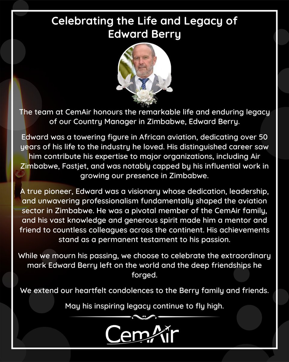 Celebrating the life and legacy of Edward Berry, a true aviation pioneer and our Country Manager in Zimbabwe.

We are grateful for his 50+ years of dedicated service to the industry.
Our thoughts are with his family.
May he rest in peace.