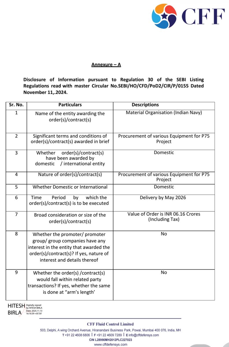 IndianStockEco's tweet image. 🚨CFF Fluid Control:
👉#CFFFluidControl has received the Contract worth Rs. 06.16 Crores for Procurement of various Equipment for P75 Project from Material Organisation (Indian Navy).
#StocksToWatch #stockmarketsindia #stockmarketnews #nifty #indianstockeco