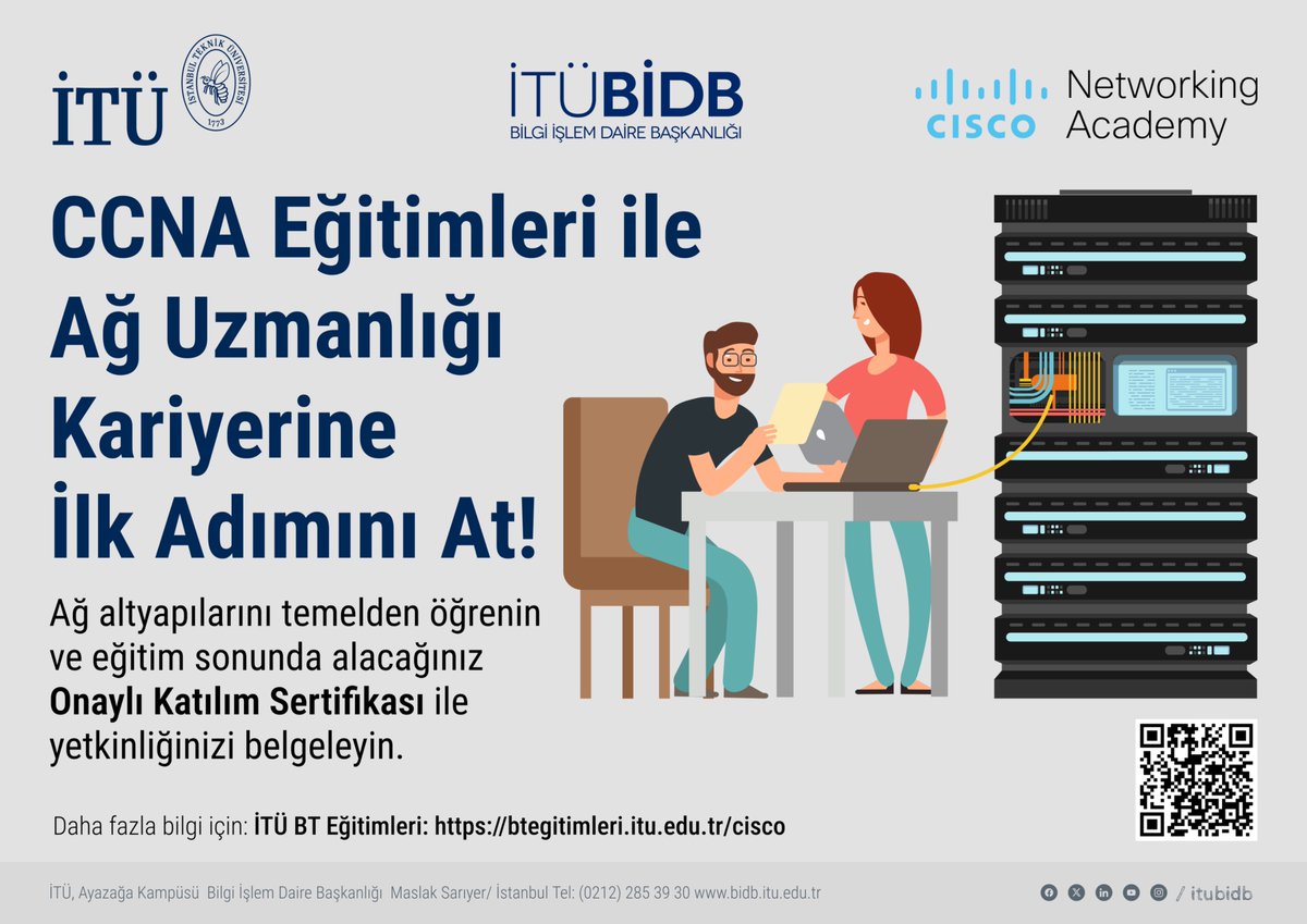 itubidb's tweet image. CCNA Eğitimleri ile 
Ağ Uzmanlığı Kariyerine 
İlk Adımını At!
Daha fazla bilgi için: İTÜ BT Eğitimleri: btegitimleri.itu.edu.tr/cisco
@itubidb @itu1773 @RadyoITU @LibraryITU