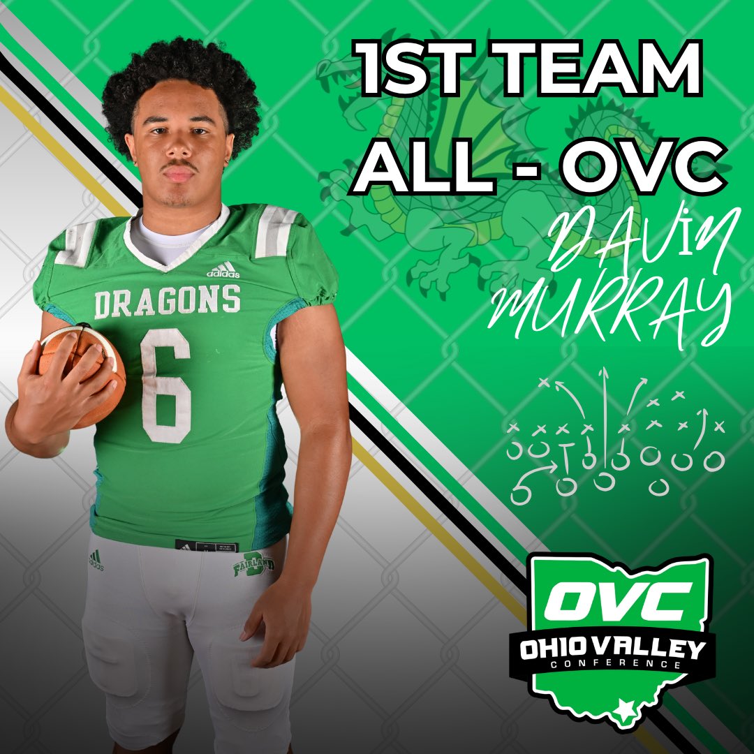 Congratulations to Senior Davin Murray on being named to the All-OVC Football Team for the 2025 season! 🏈💚 Great job, Davin! #FairlandPride #DragonFootball