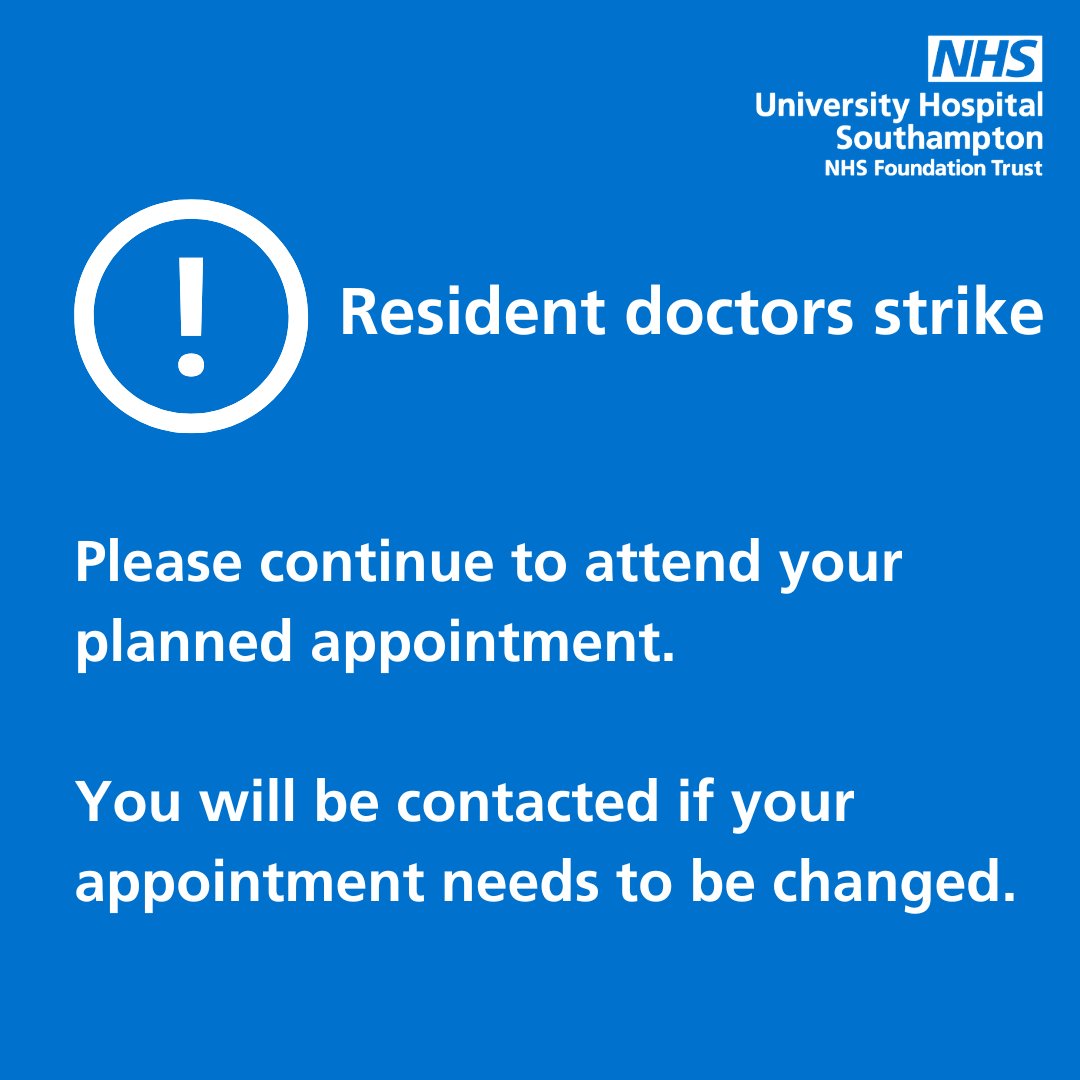 UHSFT's tweet image. With industrial action by the British Medical Association for resident doctors starting tomorrow, we want to reassure you that our staff are working hard to ensure services operate safely. 

Please continue to attend all planned appointments, unless you are told otherwise.