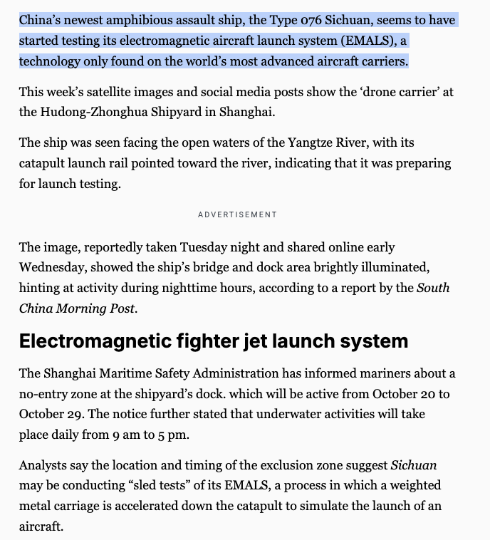 我之前没考虑到的一点是，美国人不仅错误地认为福建缺乏电磁弹射系统（EMALS）的作战能力，而且福建本身就是一个转移视线的幌子。魏明式电磁弹射系统可以缩小规模，部署到常规军舰上。再加上无人机，他们甚至不需要完整的航母就能大幅提升作战范围。