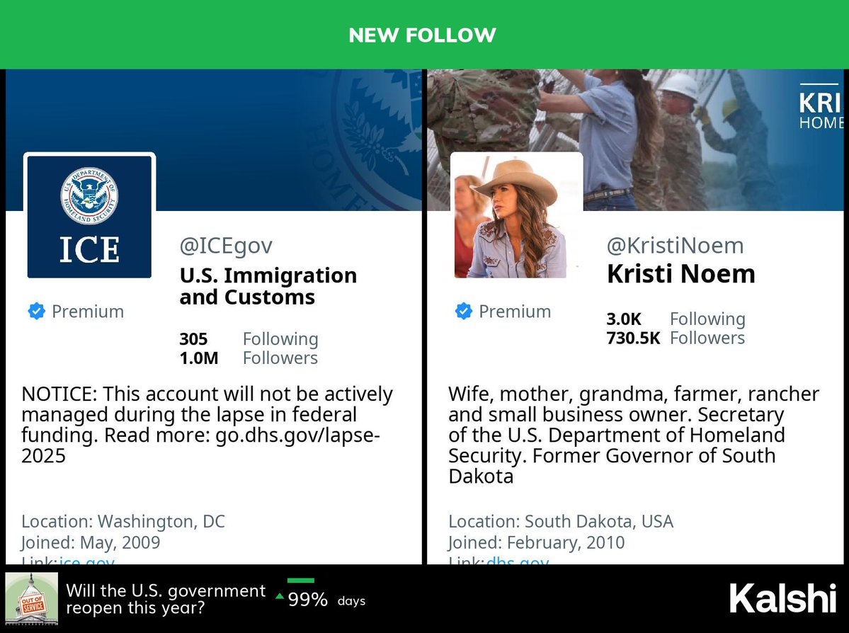 🆕 @icegov has started following <a href="/KristiNoem/">Kristi Noem</a>