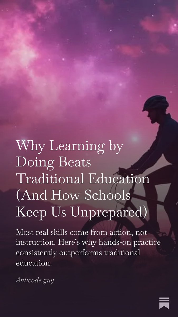 AntiCodeGuy's tweet image. I just dropped my thoughts about how to learn any skill you want.

It also has my origin story of how I became a programmer while still studying at the University.

Read it here: anticodeguy.substack.com/p/why-learning…